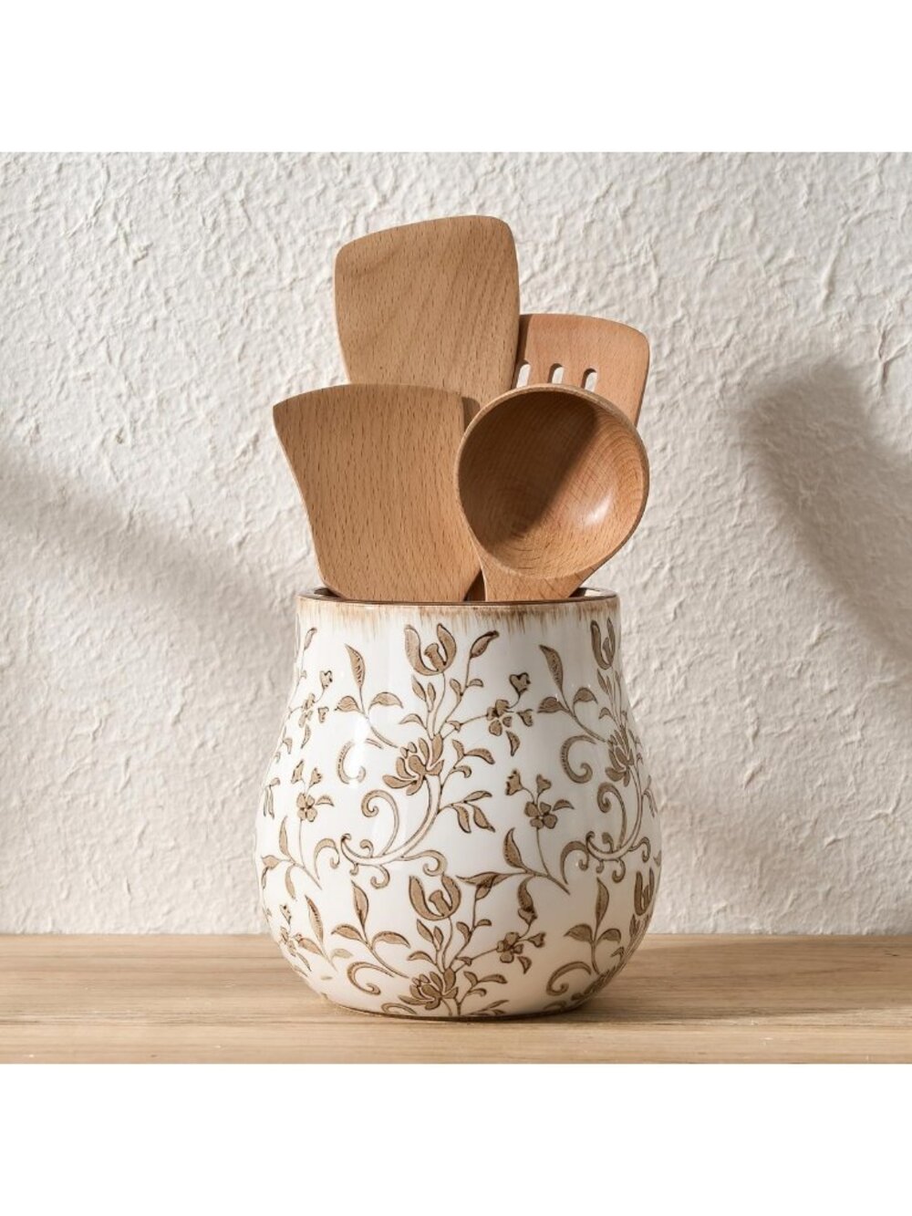 Rustic Ceramic Utensil Holder - 6.3" Farmhouse Crock for Kitchen Decor